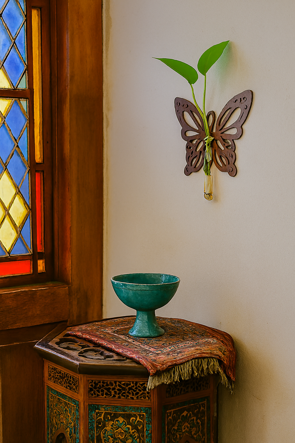 استند دیواری پروانه‌ای با گلدان شیشه‌ای 